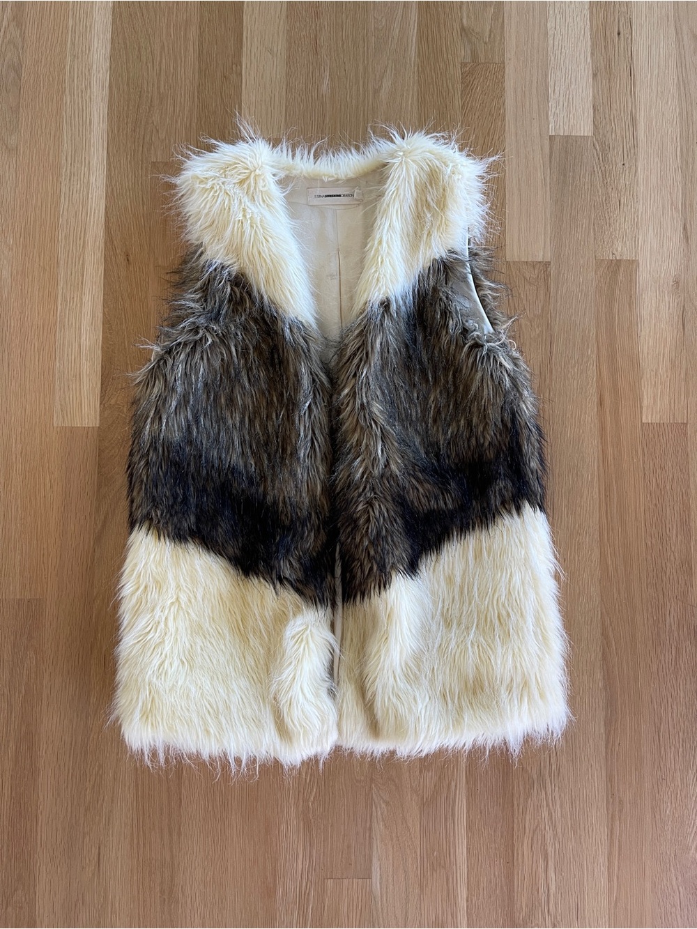 Faux Fur Colorblock Vest in Cream and Brown